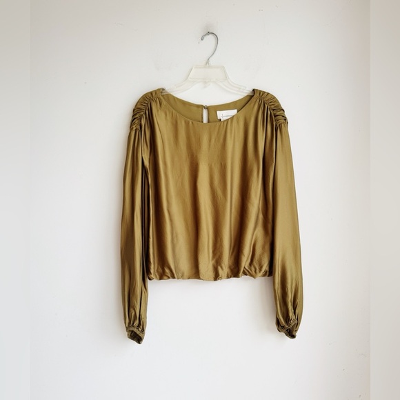 ANTHROPOLOGIE Silky Balloon Sleeve Gold Green Blouse Medium - Picture 6 of 10
